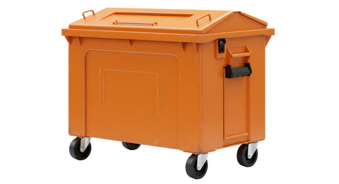 Orange industrial garbage dumpster with wheels isolated on white background, large outdoor trash container perfect for waste management