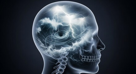 An illustration of a transparent head with weather phenomena inside