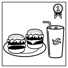 Two Cheeseburgers On Plate With Large Cup Of Soft Drink And Star Ribbon Icon Vector Illustration Depicting Best Seller Fast Food Combo Meal Promotion In Retro Black And White Style