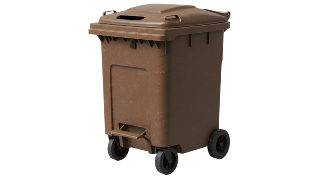 Brown outdoor trash bin with wheels isolated on white background, waste management container ideal for cleaning services and urban sanitation