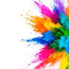 A vibrant explosion of multicolored powder bursts against a pristine white background, creating a dynamic and energetic visual effect that captivates the eye.
