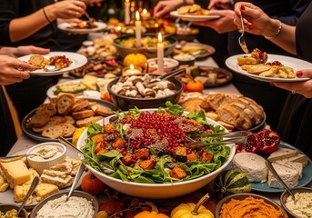Obraz premium Photo of abundant thanksgiving dinner table laden with various dishes including a large salad with butternut squash and pomegranate, bread, cheese, and dips