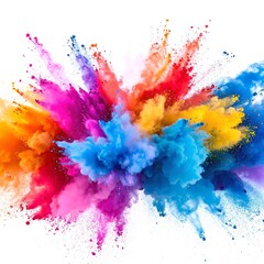 A vibrant explosion of multicolored powder bursts against a clean white background, creating a dynamic and energetic visual display of hues.
