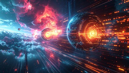 Obraz premium Futuristic Cityscape with Energy Beams.