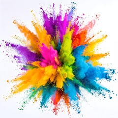 A vibrant burst of colored powder explodes against a pristine white background, creating a stunning visual of swirling hues in shades of pink, blue, yellow, and green.