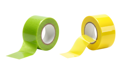 Green and yellow adhesive tape rolls isolated on white background, perfect for office and craft projects