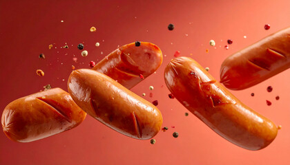 Vibrant grilled sausages and spices floating on a red background