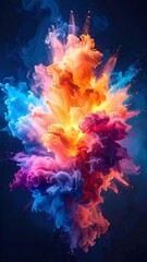 A vibrant explosion of colorful smoke billows against a deep black background, creating a mesmerizing contrast of swirling hues in shades of blue, pink, and yellow.