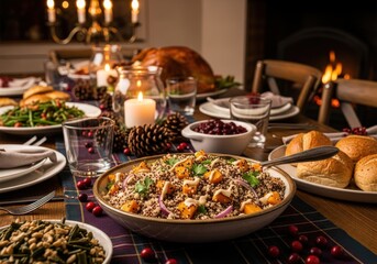 Obraz premium Photo of a festive thanksgiving dinner table is set with a roasted turkey, a large bowl of grain salad, bread rolls, and various side dishes, illuminated by candlelight