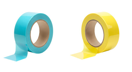 Two rolls of colored adhesive tape in blue and yellow isolated on white background, perfect for crafts and packaging