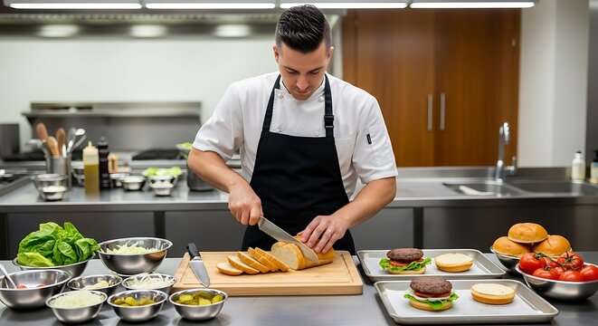 Professional chef cutting bread preparing ingredients for gourmet burgers in a modern kitchen
