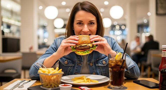 Smiling woman eating a delicious burger and enjoying french fries and cola at a restaurant - Powered by Adobe