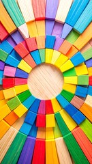 A vibrant assortment of colorful wooden blocks, featuring various shapes and sizes, meticulously arranged in a perfect circle on a smooth surface.