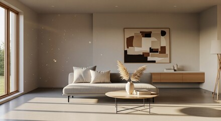 Modern Living Room Interior with Abstract Art and Sunlight