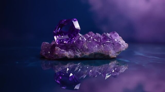 Close up of a faceted gem with reflection on a reflective surface