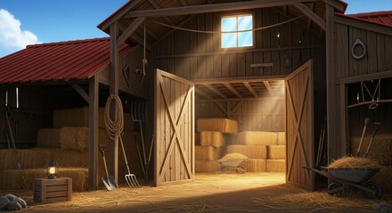 Rural barn scene with stacked hay bales, open doors, and natural sunlight streaming through