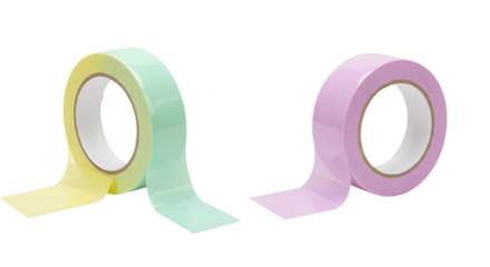 Pastel colored adhesive tape rolls in yellow, green, and purple isolated on white, perfect for crafting and gift wrapping