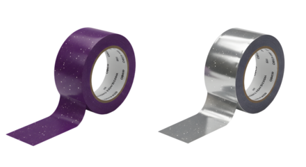 Purple and silver rolls of adhesive tape with glitter finish on white background, perfect for crafts and decorating projects