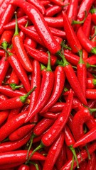 A vibrant cluster of red hot chili peppers, glistening with freshness, showcases their smooth, glossy skin and tapered shapes, perfect for culinary use.