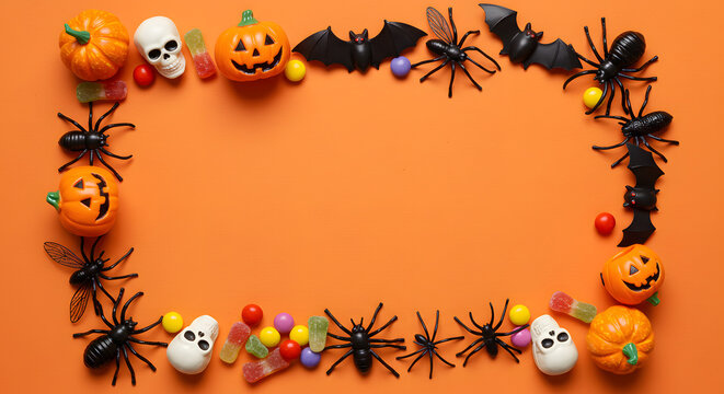 Spooky Halloween fun with pumpkin, bat, spider, skull decorations around orange background, perfect for party invites and seasonal marketing