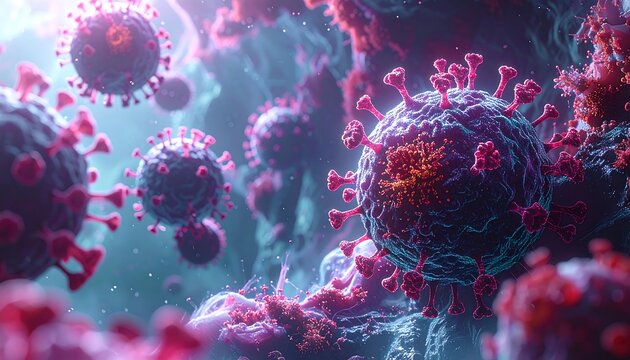 Microscopic view of viral particles causing disease and infection.