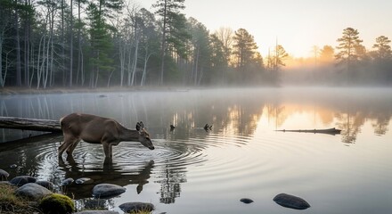 Deer drinking from a misty lake at sunrise in a tranquil forest setting