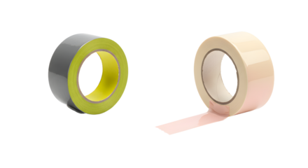 Two rolls of adhesive tape isolated on white background, black and transparent packing tapes, useful for packaging and office work