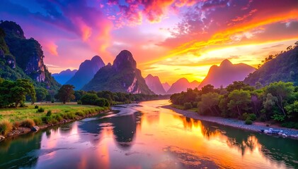 A serene view of the Yangtze River at sunset, with vibrant orange and pink hues reflecting on the water, surrounded by lush green hills and silhouettes of distant mountains.
