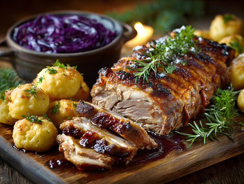 Wildschweinbraten - Schweinebraten mit Rotkohl und Kn&ouml;del