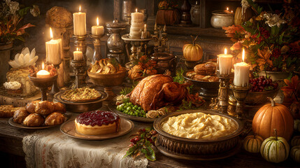 A bountiful thanksgiving feast is displayed on a decorated table with a roasted turkey, pies, side dishes, and flickering candles