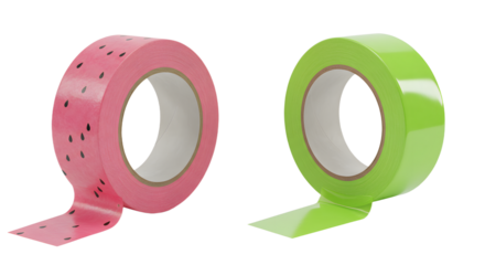 Two rolls of decorative adhesive tape in pink with black dots and solid green, perfect for crafts and gift wrapping