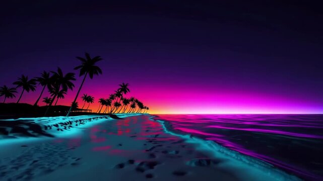 Vaporwave palm trees on beach at sunset, retrowave background.