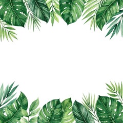 A vibrant arrangement of lush tropical leaves in various shades of green, elegantly framing the image, creating a lush, exotic atmosphere.