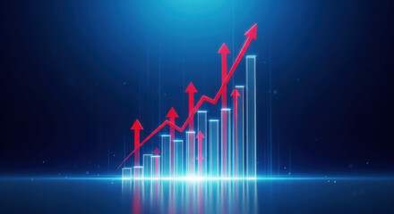 Abstract Financial Growth Chart with Red Arrows on Blue Background Depicting Business Success and Market Trends for Investment and Economic Development