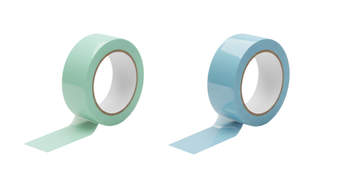 Two rolls of pastel colored adhesive tape isolated on white background, perfect for crafting and office use