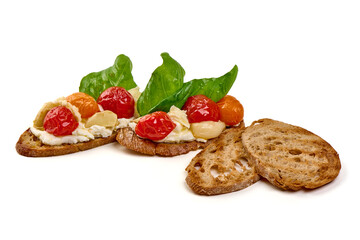 Bruschetta with Tomato, Basil and Mozzarella, isolated on white background