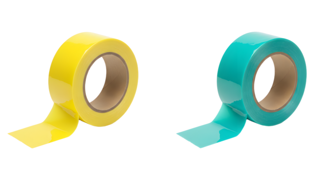 Two rolls of yellow and teal adhesive tape isolated on white background, useful for office, school and craft projects