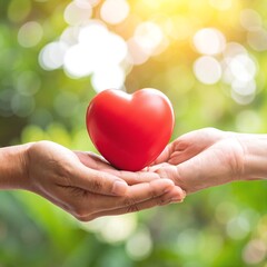 Two hands gently cradle a vibrant red heart, symbolizing love and compassion, against a soft, blurred background that enhances the emotional warmth.