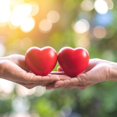 Two hands gently cradle vibrant red hearts, symbolizing love and connection, against a soft, blurred background that enhances their warmth and intimacy.