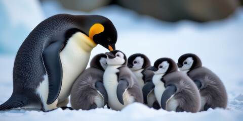 Gentle emperor penguin caring for fluffy chick huddled in winter snow, Antarctic wildlife symbol of family and nurture.