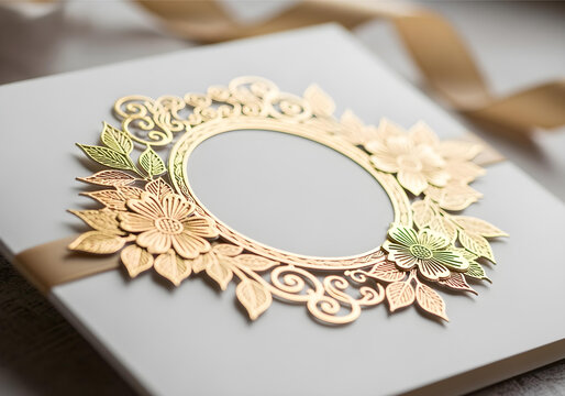 Elegant luxury wedding invitation card with green and golden floral frame design, blank template for personalized text, premium festive stationery for celebration events