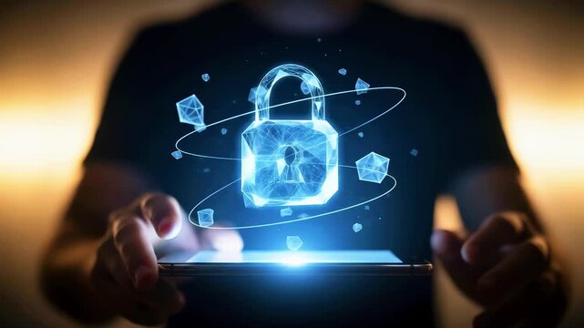 A person holds a smartphone displaying a glowing digital padlock, symbolizing cybersecurity - Powered by Adobe