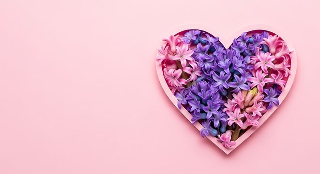 Heart Shape Filled with Pink and Purple Hyacinth Flowers on Pink Background floral - Powered by Adobe