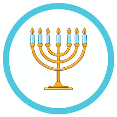 Golden Menorah Icon with Candles Lit and Blue Circle Around Religious Symbol