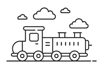 Black and White Train Illustration with Clouds, Simple Outline Drawing,