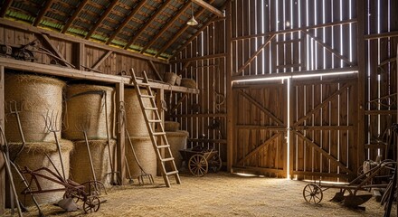 Rustic interior of an old barn with hay bales, agricultural tools, and sunlight streaming in