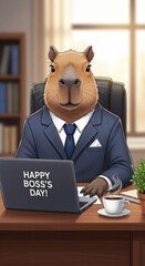 Capybara in a suit celebrating Boss's Day at a modern office with coffee and a laptop