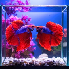 A vibrant aquarium features two striking red fish gracefully swimming among lush green plants and colorful pebbles, creating a lively underwater scene.