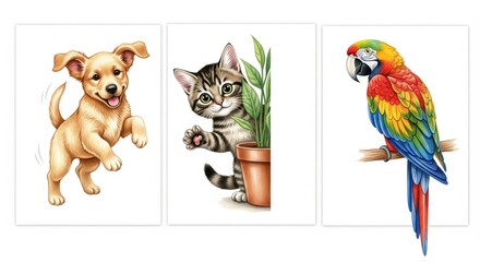 Colorful illustrations of a playful puppy, curious kitten, and vibrant parrot with greenery in a bright setting