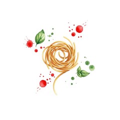 Colorful pasta dish featuring fresh basil and vibrant sauce splashes in a creative design